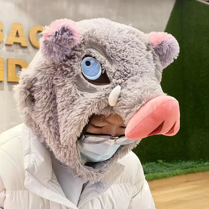 Demon Slayer Inosuke Hashibira Pig Head Plush Hat | Cosplay Headgear & Warm Cap